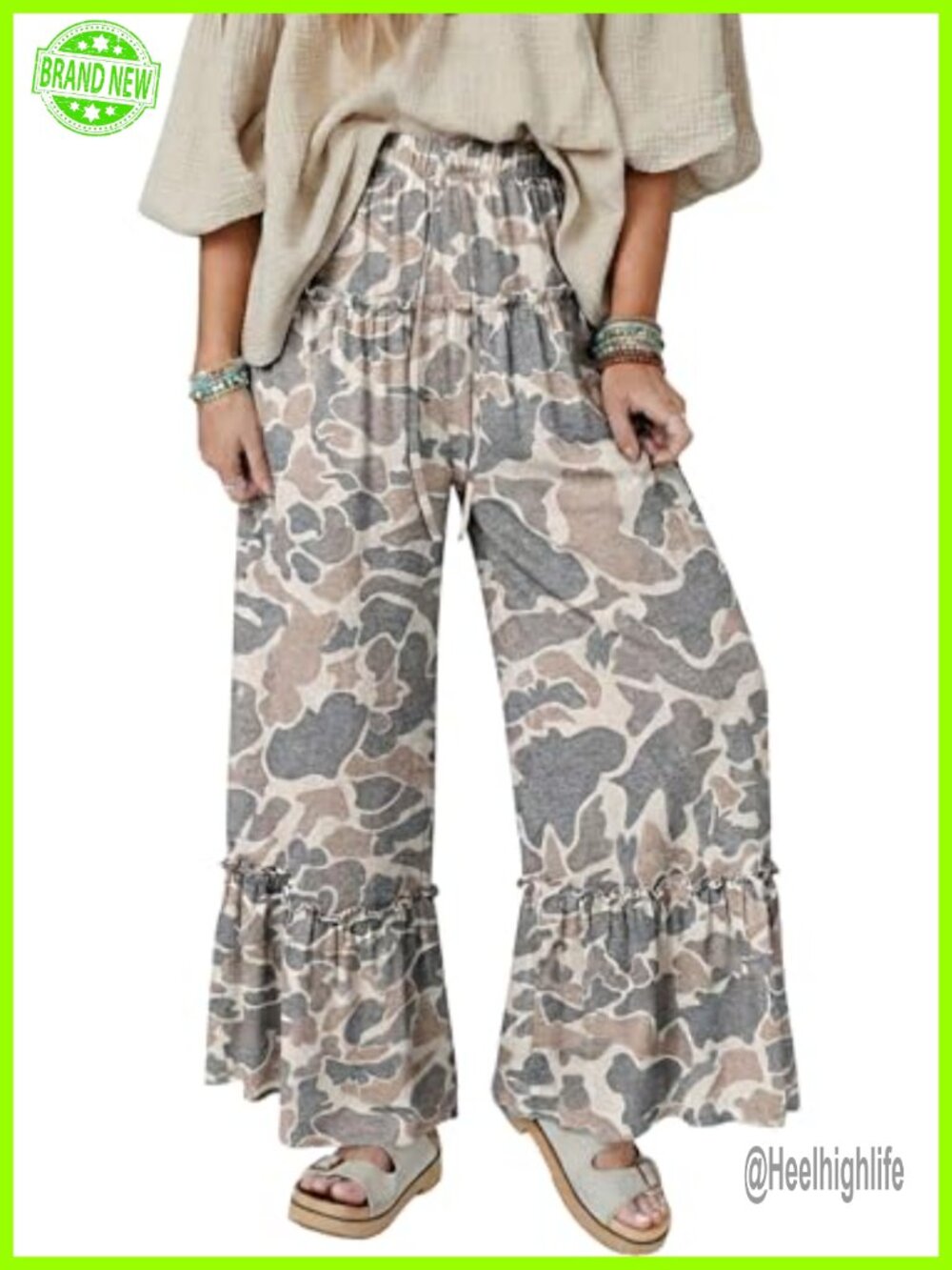Wide Leg Camo Print Drawstring Flowy Palazzo Pants